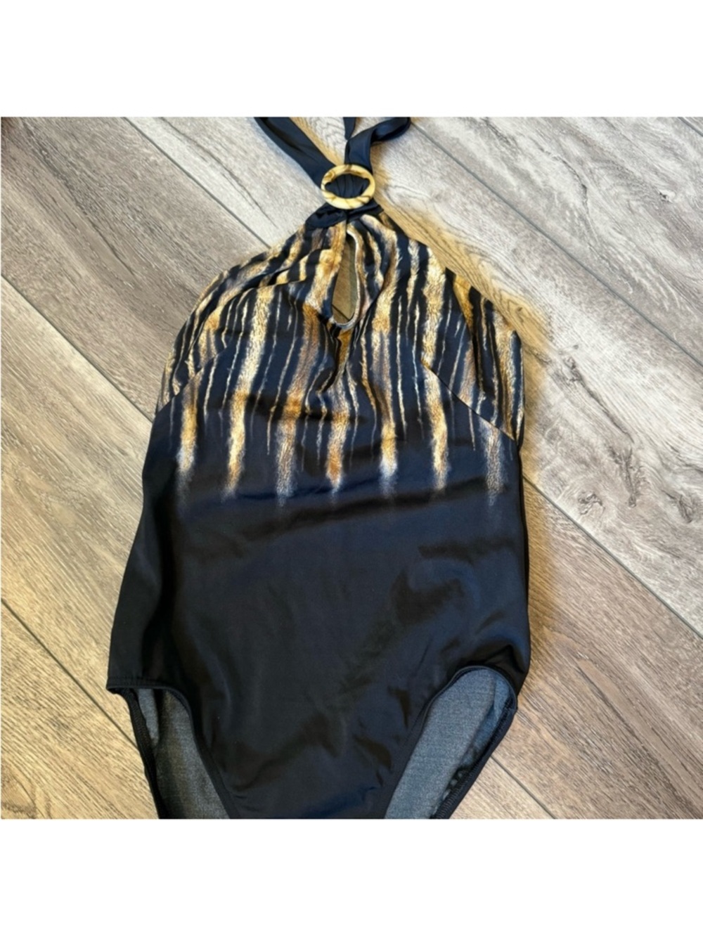 Gottex Black One-Piece Swimsuit with Gold Brushstroke Detail